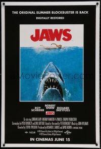 7j051 JAWS DS advance English 1sh R2012 art of classic man-eating shark attacking sexy swimmer!