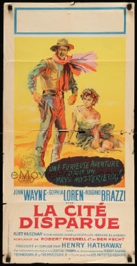 7j194 LEGEND OF THE LOST French 16x32 1957 different art of John Wayne and sexiest Sophia Loren!