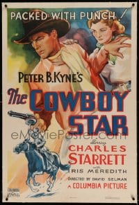 7k049 COWBOY STAR linen 1sh 1936 art of tough Charles Starrett & Iris Meredith, packed with punch!