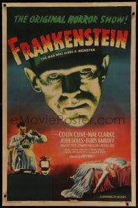 7k066 FRANKENSTEIN linen 1sh R1947 best full-color art of Boris Karloff as monster + Clive & Clarke!