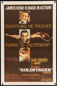 7k077 GOLDFINGER linen flat finish 1sh 1964 three great images of Sean Connery as James Bond 007!