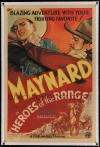 7k088 HEROES OF THE RANGE linen 1sh 1936 blazing adventure with your fighting favorite, Ken Maynard!