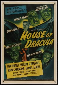 7k091 HOUSE OF DRACULA linen 1sh 1945 Wolfman Lon Chaney Jr., Glenn Strange as Frankenstein, rare!
