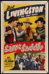 7k116 LAW OF THE SADDLE linen 1sh 1943 cool stone litho of Bob Livingston as The Lone Rider, Fuzzy!