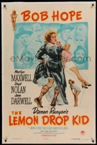7k117 LEMON DROP KID linen 1sh 1951 wacky artwork of Bob Hope in drag + sexy Marilyn Maxwell!