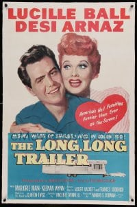 7k122 LONG, LONG TRAILER linen 1sh 1954 newlyweds Lucille Ball & Desi Arnaz on a honeymoon adventure