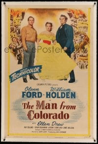 7k132 MAN FROM COLORADO linen 1sh 1948 sexy Ellen Drew caught between Glenn Ford & William Holden!