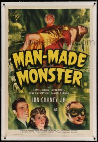 7k133 MAN MADE MONSTER linen 1sh 1941 pre-Wolf Man Lon Chaney Jr. holding Nagel, Universal, rare!