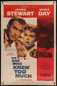 7k134 MAN WHO KNEW TOO MUCH linen 1sh 1956 James Stewart & Doris Day, directed by Alfred Hitchcock!