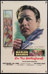 7k165 ON THE WATERFRONT linen 1sh 1954 directed by Elia Kazan, classic close up of Marlon Brando!