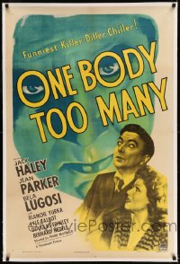 7k167 ONE BODY TOO MANY linen 1sh 1944 huge spooky headshot of Bela Lugosi peeking through title!