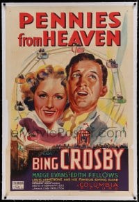 7k175 PENNIES FROM HEAVEN linen 1sh 1936 art of Bing Crosby & Madge Evans by carnival Ferris wheel!