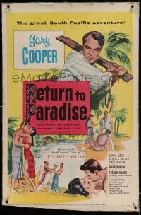 7k193 RETURN TO PARADISE linen 1sh 1953 art of Gary Cooper, from James A. Michener's story!