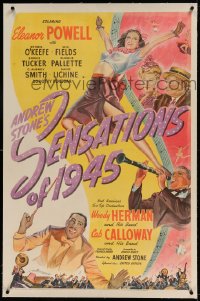 7k206 SENSATIONS OF 1945 linen 1sh 1944 stone litho of Powell, Woody Herman, W.C. Fields & Calloway