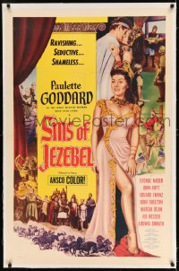 7k210 SINS OF JEZEBEL linen 1sh 1953 full-length sexy Paulette Goddard as most wicked Biblical woman