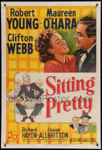 7k211 SITTING PRETTY linen 1sh 1948 Robert Young, Maureen O'Hara, Clifton Webb as Mr. Belvedere!