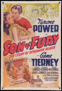 7k214 SON OF FURY linen int'l 1sh 1942 stone litho of Tyrone Power, Gene Tierney & Frances Farmer!