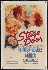 7k221 STAGE DOOR linen 1sh 1937 art of Katharine Hepburn, Ginger Rogers, Adolphe Menjou & Patrick!