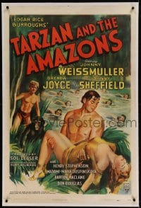 7k232 TARZAN & THE AMAZONS linen 1sh 1945 art of Johnny Weissmuller, Brenda Joyce & Sheffield, rare