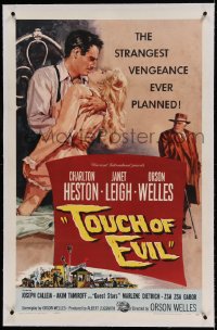 7k244 TOUCH OF EVIL linen 1sh 1958 Bob Tollen art of Orson Welles, Charlton Heston & Janet Leigh!