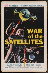 7k250 WAR OF THE SATELLITES linen 1sh 1958 the ultimate in scientific monsters, cool astronaut art!