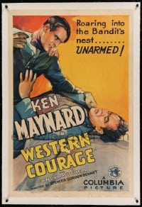 7k252 WESTERN COURAGE linen 1sh 1935 art of Ken Maynard roaring into the bandit's nest unarmed!