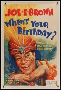 7k253 WHEN'S YOUR BIRTHDAY linen 1sh 1937 great portrait art of wacky fortuneteller, Joe E. Brown!