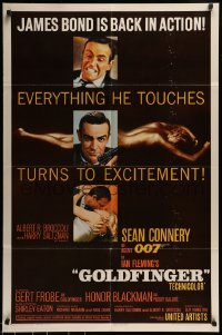 7m020 GOLDFINGER glossy finish 1sh 1964 three images of Sean Connery as James Bond & Shirley Eaton!
