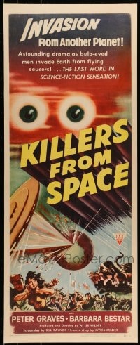 7m130 KILLERS FROM SPACE insert 1954 bulb-eyed men invade Earth from flying saucers, color art!