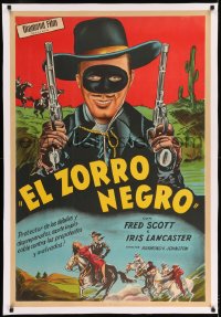 7p237 RIDIN' THE TRAIL linen Argentinean 1940 great art of Fred Scott as The Black Zorro with guns!