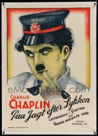 7p205 PAA JAGT EFTER LYKKEN linen Danish 1930s different art of Charlie Chaplin from The Fireman!