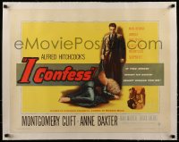 7p110 I CONFESS linen 1/2sh 1953 Alfred Hitchcock, art of Montgomery Clift standing by Anne Baxter!