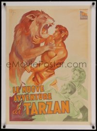 7p257 NEW ADVENTURES OF TARZAN linen Italian 20x27 R1940s art of Bruce Bennett fighting lion, rare!