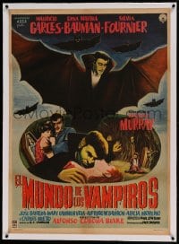 7p221 El MUNDO DE LOS VAMPIROS linen Mexican poster 1961 Mexican horror, cool vampire artwork!