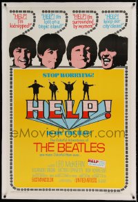 7p280 HELP linen 27x41 REPRO poster 1970s Beatles, John, Paul, George & Ringo, rock & roll classic!