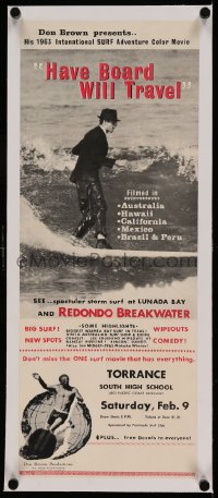 7p131 HAVE BOARD WILL TRAVEL linen 9x22 special poster 1963 int'l SURF adventure color movie, rare!