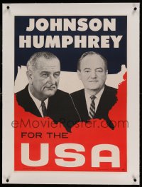 7p139 JOHNSON HUMPHREY FOR THE USA linen 21x28 political campaign 1964 candidates over U.S. map!
