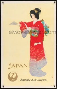 7p153 JAPAN AIR LINES JAPAN linen 25x40 Japanese travel poster 1960s Shoen Uemura geisha girl art!
