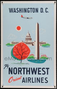 7p154 NORTHWEST ORIENT AIRLINES WASHINGTON D.C. linen 25x41 travel poster 1960s art of landmarks!