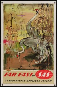 7p156 SAS FAR EAST linen 25x39 Danish travel poster 1950s great Otto Nielson art of cranes!