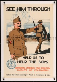7p173 SEE HIM THROUGH linen 20x30 WWI war poster 1918 National Catholic War Council, Burton Rice art