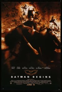 7w312 BATMAN BEGINS advance DS 1sh 2005 June 15, great image of Christian Bale carrying Katie Holmes