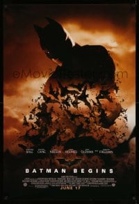 7w311 BATMAN BEGINS advance 1sh 2005 June 17, image of Christian Bale in title role with bats!