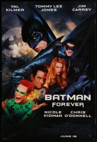 7w314 BATMAN FOREVER advance DS 1sh 1995 Kilmer, Kidman, O'Donnell, Jones, Carrey, top cast!
