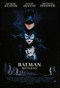 7w316 BATMAN RETURNS int'l advance 1sh 1992 Burton, Keaton, cool dark date design!