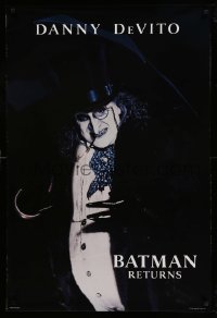 7w317 BATMAN RETURNS teaser 1sh 1992 Burton, close-up of Danny DeVito as the Penguin, undated design