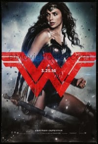 7w325 BATMAN V SUPERMAN teaser DS 1sh 2016 great image of sexiest Gal Gadot as Wonder Woman!