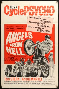 7y044 ANGELS FROM HELL 1sh 1968 AIP, image of motorcycle-psycho biker, he's a cycle psycho!
