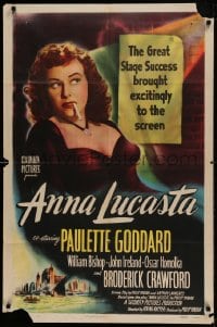 7y046 ANNA LUCASTA 1sh 1949 great close up of sexy prostitute Paulette Goddard smoking!