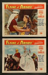 7z931 FLAME OF ARABY 2 LCs 1951 Maureen O'Hara, Jeff Chandler, a tale of fiery love & high adventure